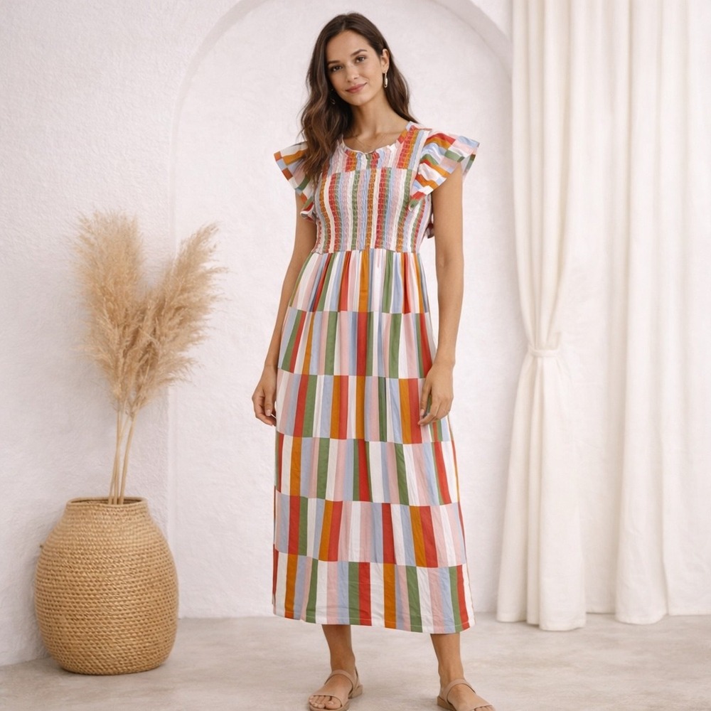St Johns Bay Womens Multi Stripe Smocked Maxi Dress XS Flutter Sleeve Cotton NEW